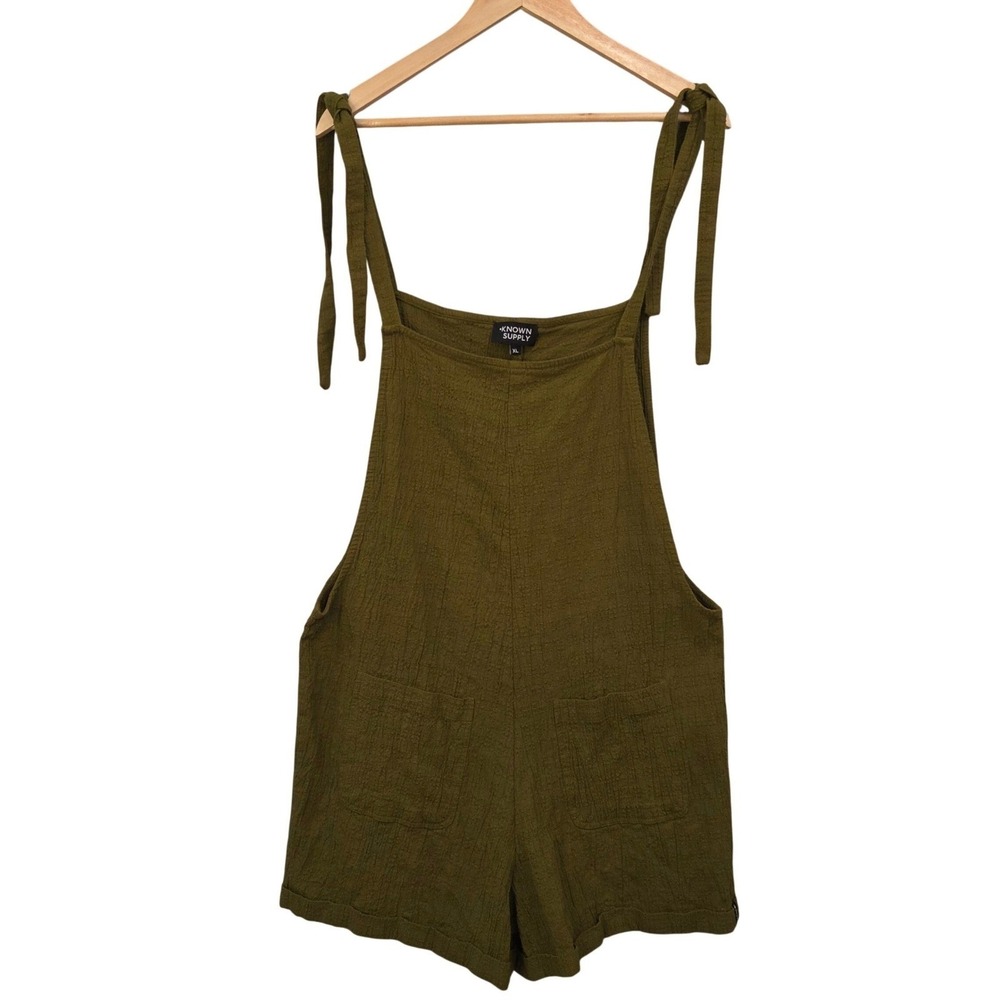 KNOWN SUPPLY Olive Organic Cotton Romper XL Tie Shoulder Gauze Boho Overalls